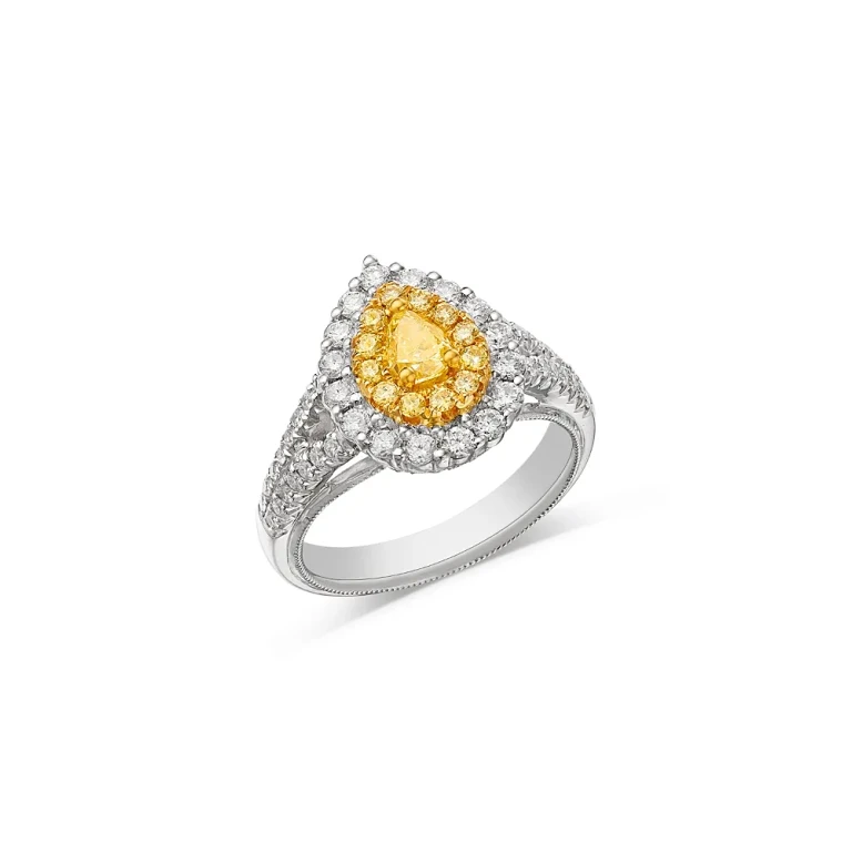 Yellow & White Diamond Pear Halo Ring in 18K Yellow & White Gold, 1.22 tcw