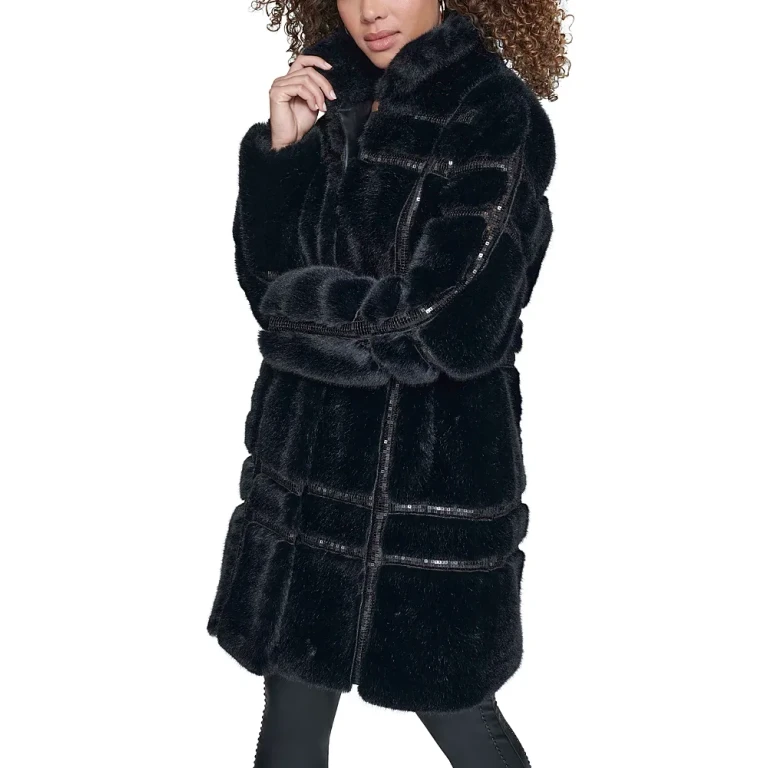 Karl Lagerfeld Paris Faux Fur Sequined Coat