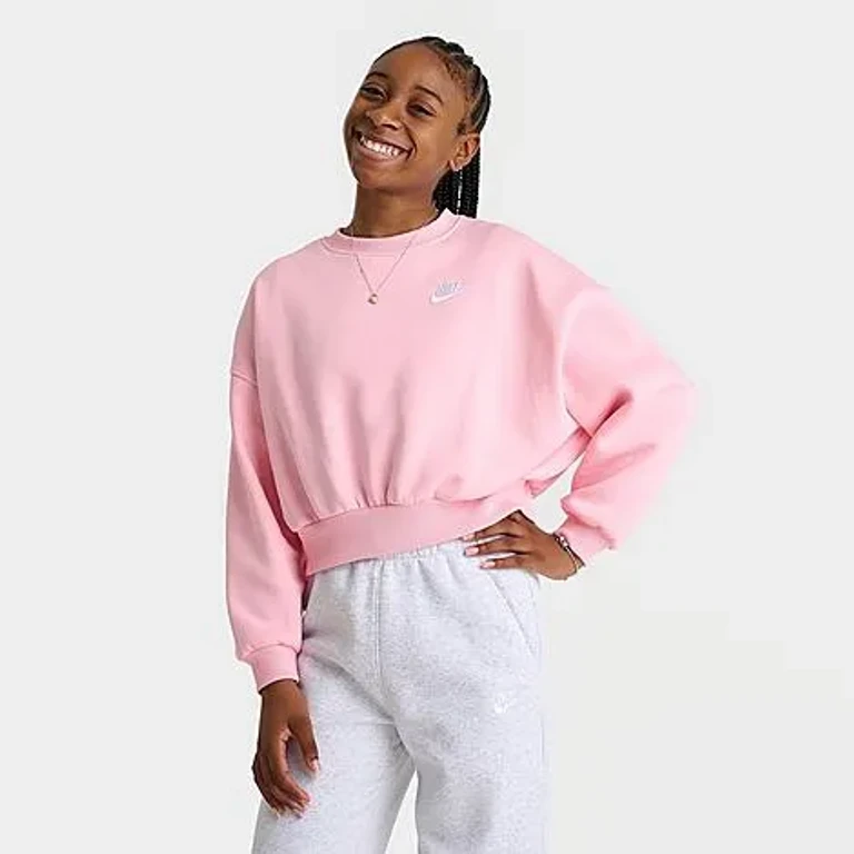 Nike Girls' Big Kids Sportswear Club Fleece Boxy Crewneck Sweatshirt in Royal Pulse/White Size: XS