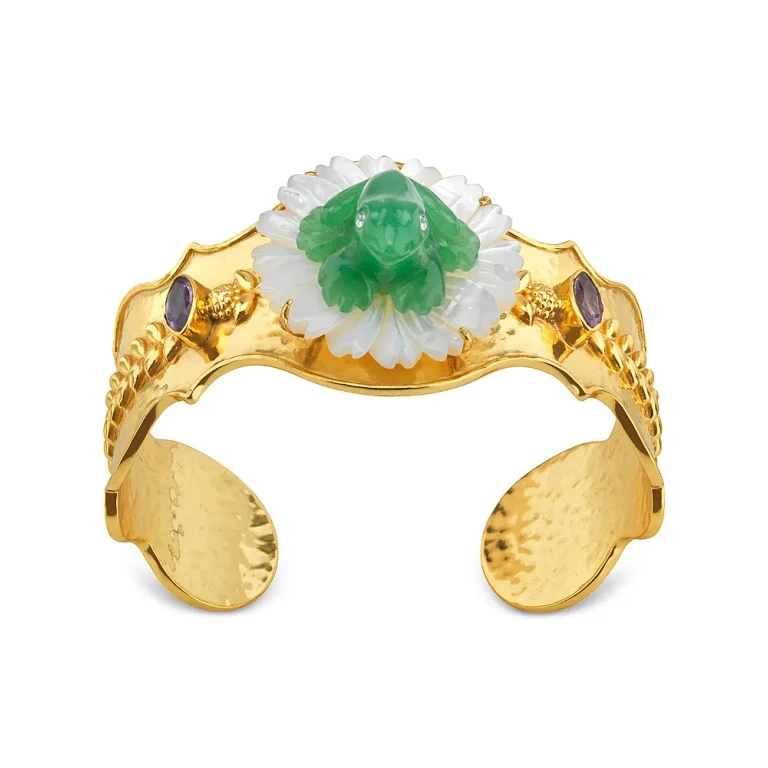 Capucine De Wulf Villandry Mixed Stone Frog On Flower Cuff Bracelet in 18K Gold Plated