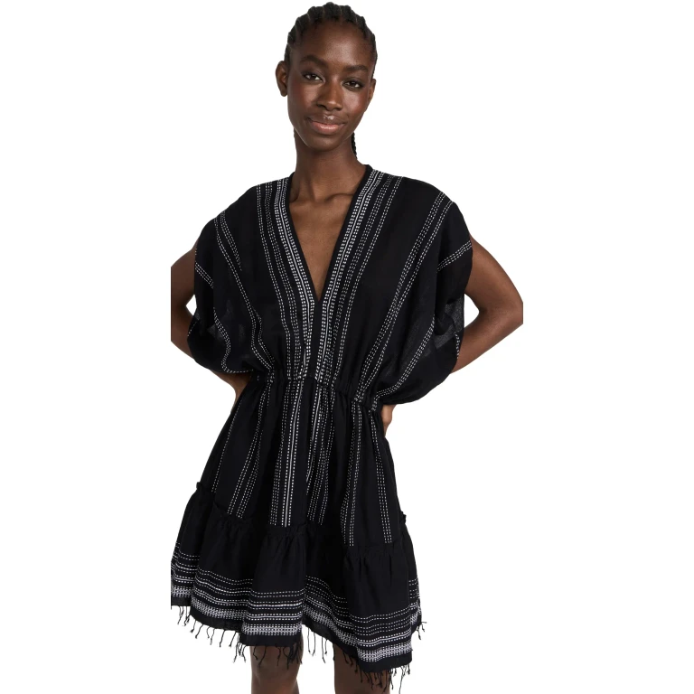 lemlem Leliti Short Plunge Neck Dress Black M