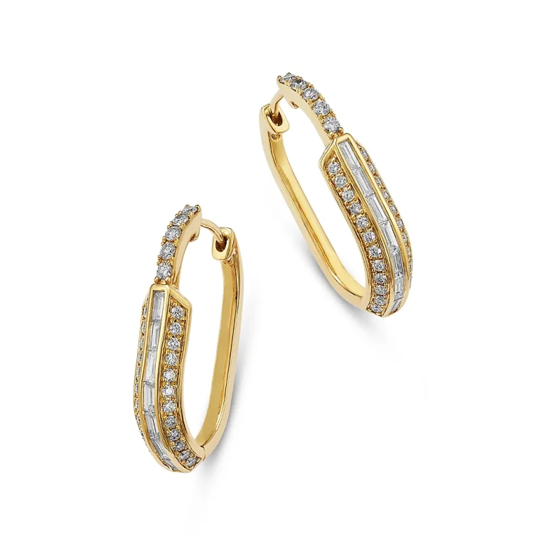 Diamond Round & Baguette Oval Hoop Earrings in 14K Yellow Gold, 1.25 tcw