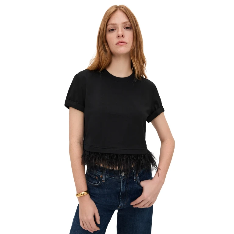 Cinq à Sept Short Sleeve Cropped Feather Tee White L