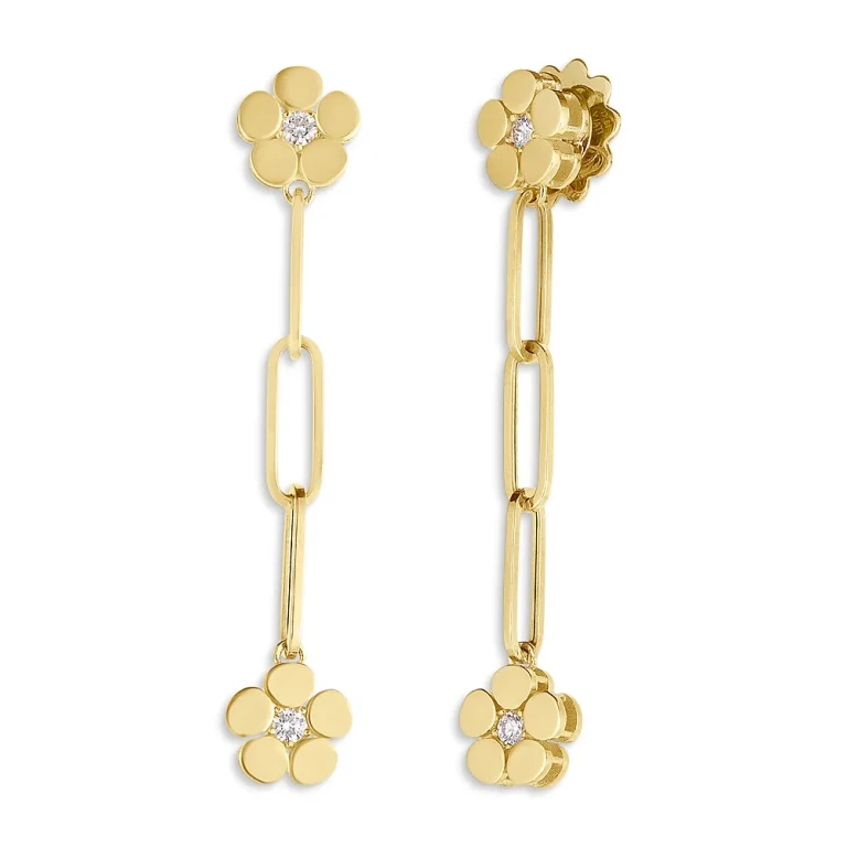 Roberto Coin 18K Yellow Gold Daisy Diamond Flower Chain Drop Earrings - Exclusive