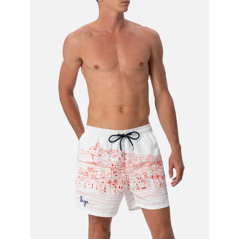 Mc2 Saint Barth Mid-Length Gustavia Swim-Shorts With Ibiza Placed Print White Swimshort - Men