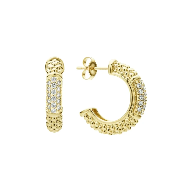 Lagos 18K Yellow Gold Caviar Gold Pave Diamond Hoop Earrings