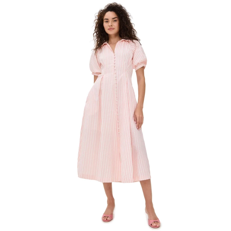 English Factory Seersucker Striped Midi Dress Pink XS