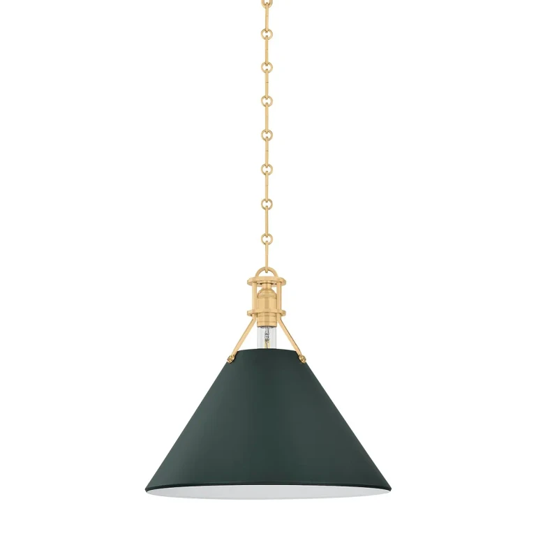 Aged Brass Soft Studio Green Pendant from the Painted No. 2 Collection