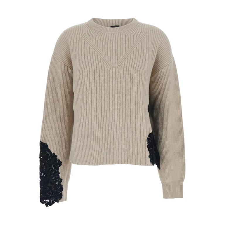 Pinko Beige Crewneck Sweater With Lace Embroidery And Logo Patch On The Rear In Wool Blend Woman