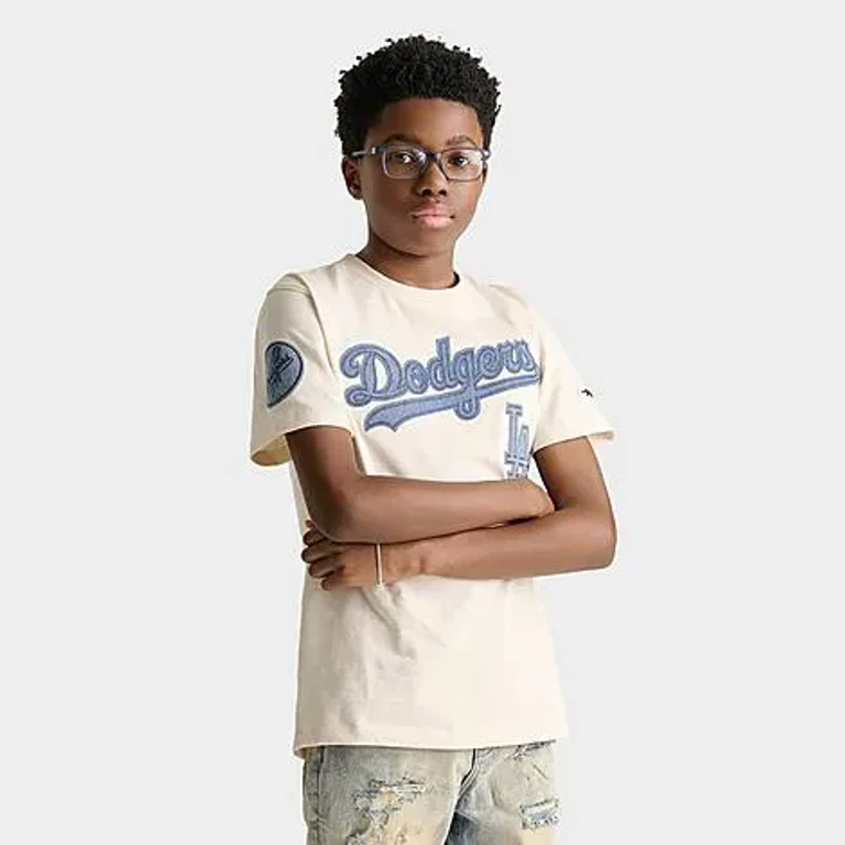 Pro Standard Big Kids Los Angeles Dodgers MLB Denim Embroidery T-Shirt in Off White/Denim Size: Small