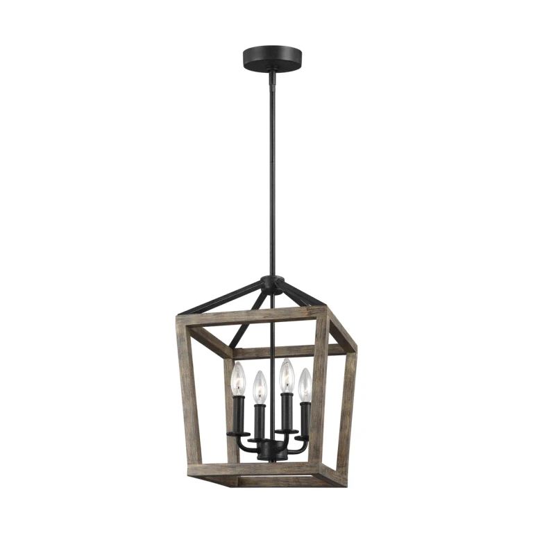 Visual Comfort Studio Gannet 4-Light Chandelier in Weathered Oak Wood And Antique Forged Iron by Sean Lavin