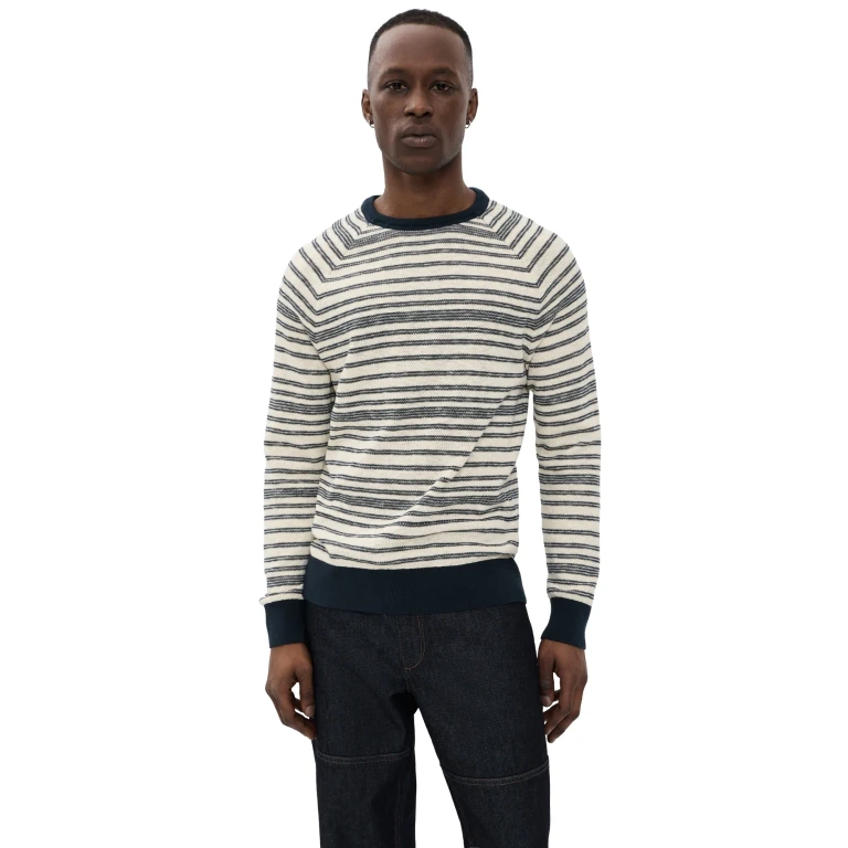Billy Reid Raglan Stripe Crew Sweater Tinted White/Carbon Blue M