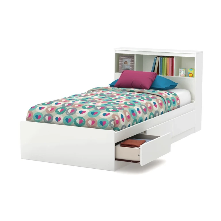 Reevo White Twin Mates Bed with Bookcase Headboard - South Shore