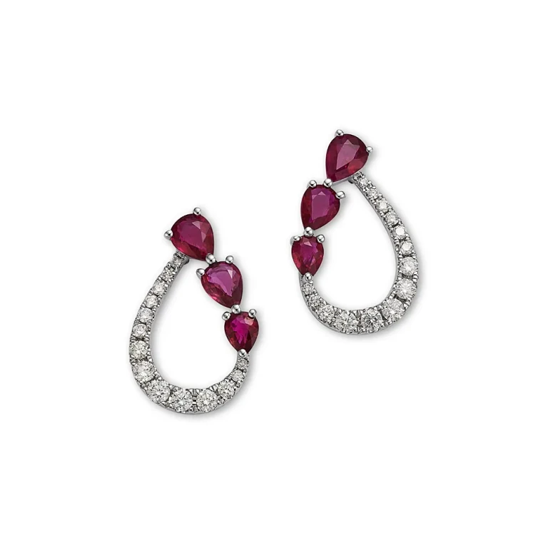 Ruby & Diamond Pear Open Stud Earrings in 14K White Gold