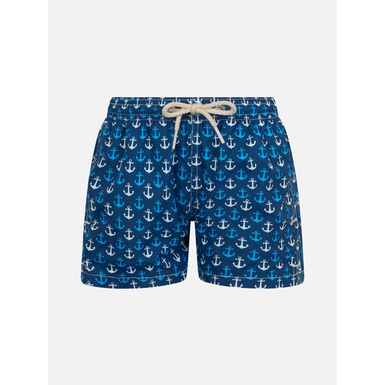 Mc2 Saint Barth Boy Lightweight Fabric Swim-Shorts Jean Lighting With Anchor Print Blue Swimshort