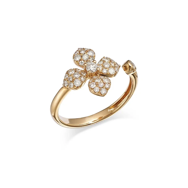 Diamond Pave Flower Cuff Ring in 14K Yellow Gold, 0.50 tcw