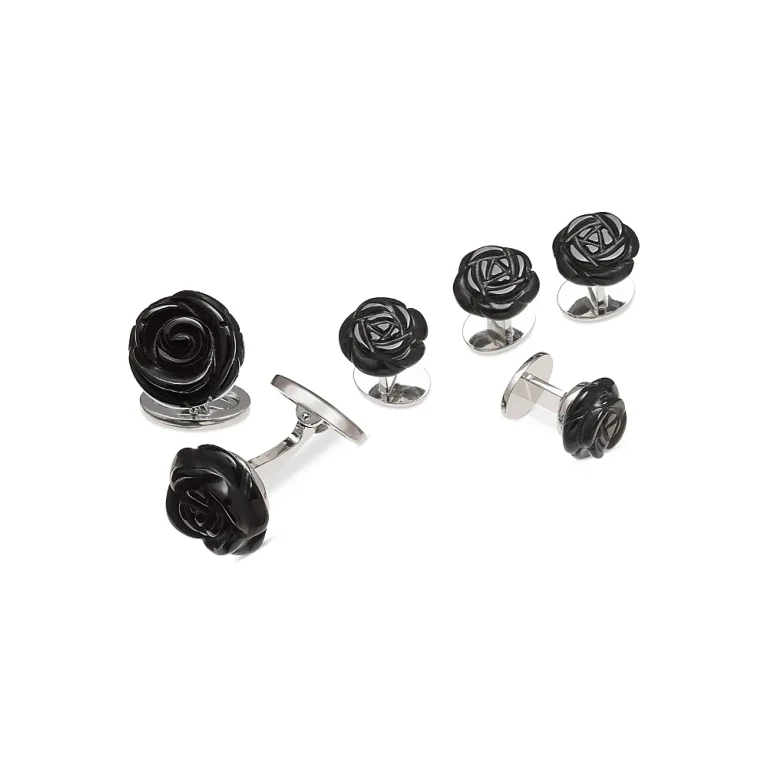 Carved Rose Sterling Silver & Black Onyx Stud & Cufflink Set