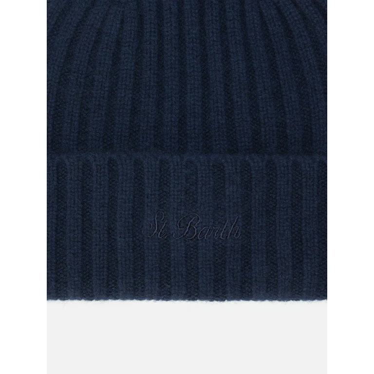 Mc2 Saint Barth Wengen Beanie Cashmere Navy Blue With St. Barth Embroidery On The Turn-Up Hat - Unisex