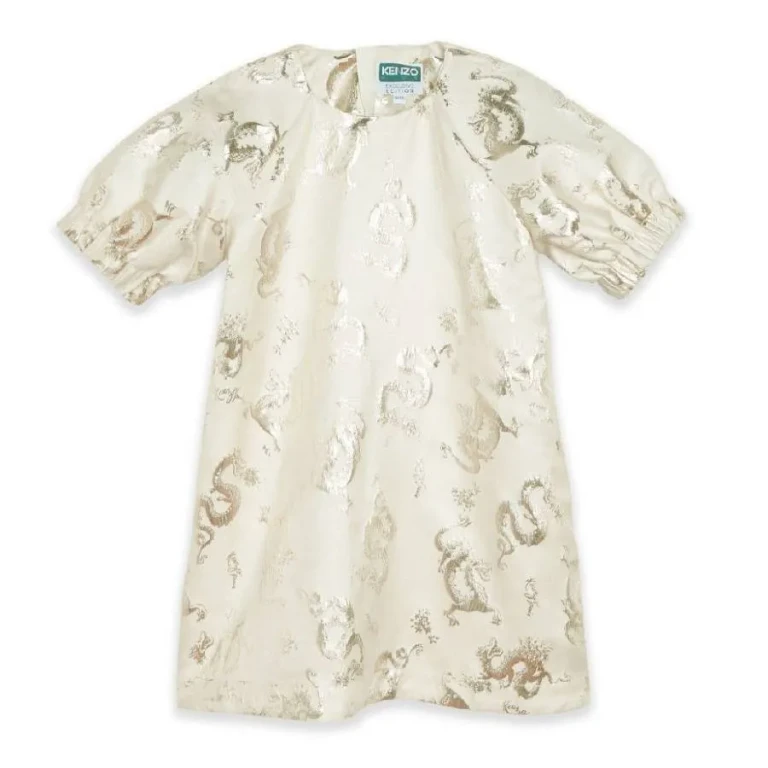 Kenzo Girls Dragon-Pattern Jacquard Puff Sleeve Dress