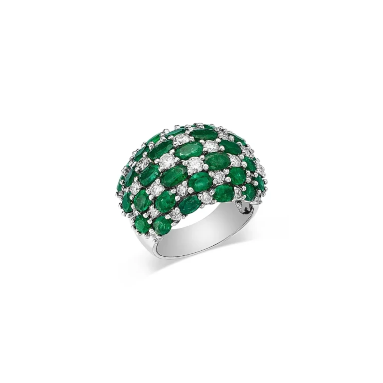 Emerald & Diamond Checkerboard Cluster Ring in 14K White Gold