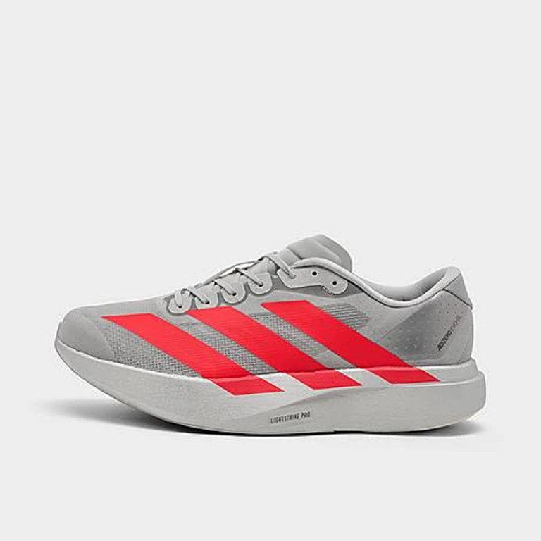 adidas Men's Adizero EVO SL Running Shoes in Silver Metallic/Lucid Red/Iron Metallic Size: 7.5