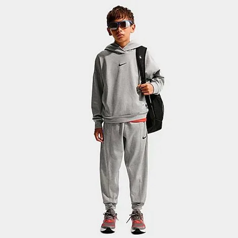 Nike Boys Big Kids Pro Dri-FIT Fleece Pullover Hoodie in Dark Grey Heather/Black Size: XS