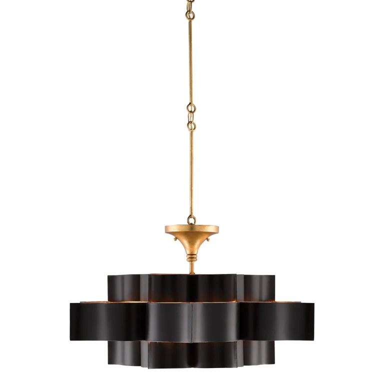 Satin Black Contemporary Gold Leaf Six Light Chandelier from the Grand Collection