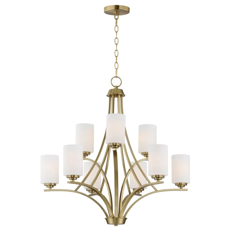 Satin Brass Nine Light Chandelier from the Deven Collection