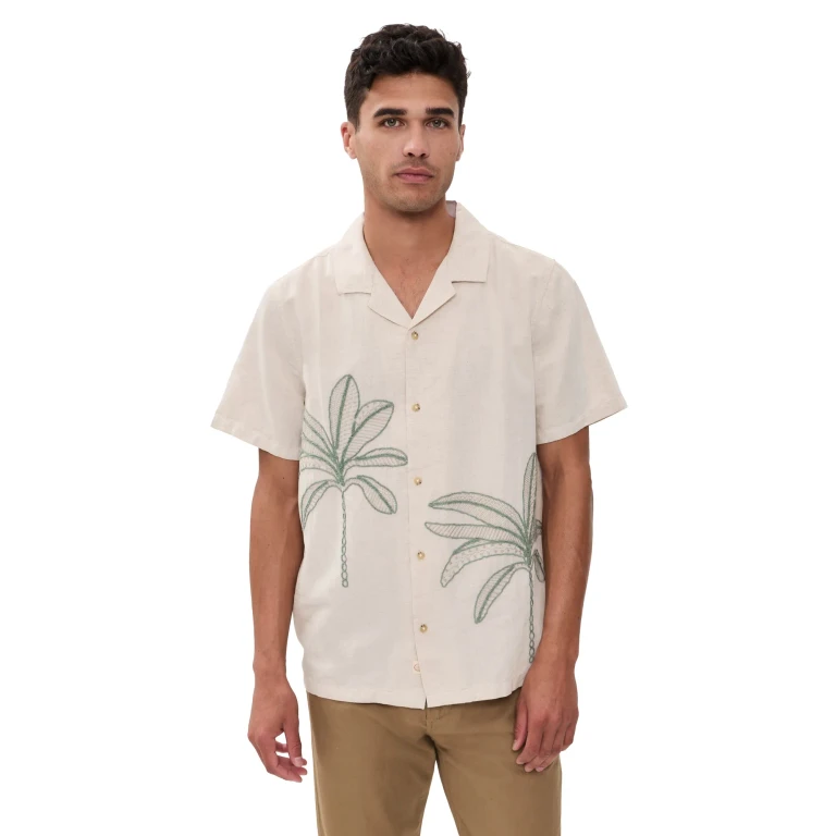 Marine Layer Embroidered Resort Shirt Cream/Green Palm M