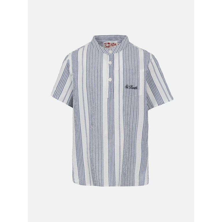 Mc2 Saint Barth Boy Short Sleeved Seersucker Shirt With Striped All Over Print Blue