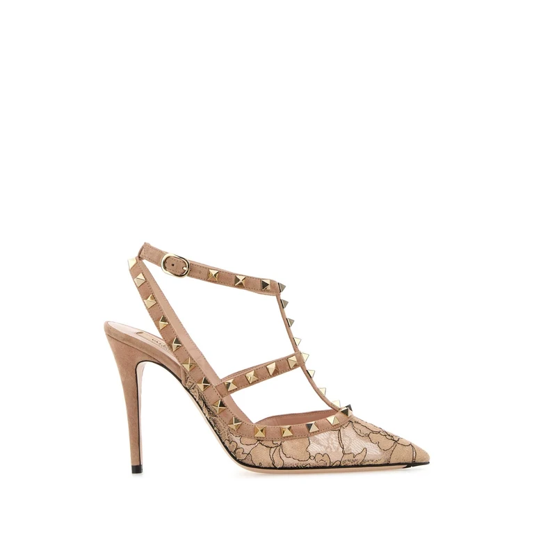Valentino Garavani Powder Pink Lace And Suede Rockstud Pumps Skinneroskinsorbet Scarpe Con Tacco - Women