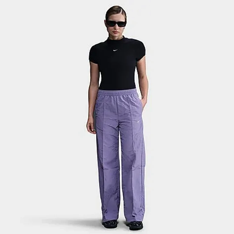Nike Women's Sportswear Everything Wovens Mid-Rise Open-Hem Pants in Dusty Amethyst/White Size: XS