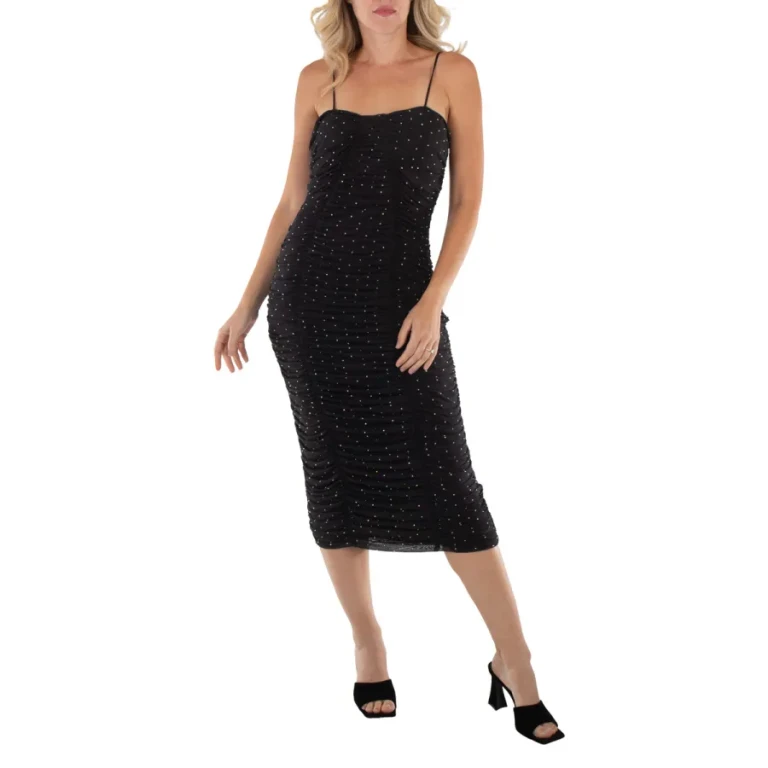 Rotate Black Ruched Crystal Mesh Midi Dress