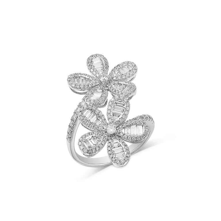 Diamond Round & Baguette Daisy Bypass Ring in 14K White Gold, 1.54 tcw