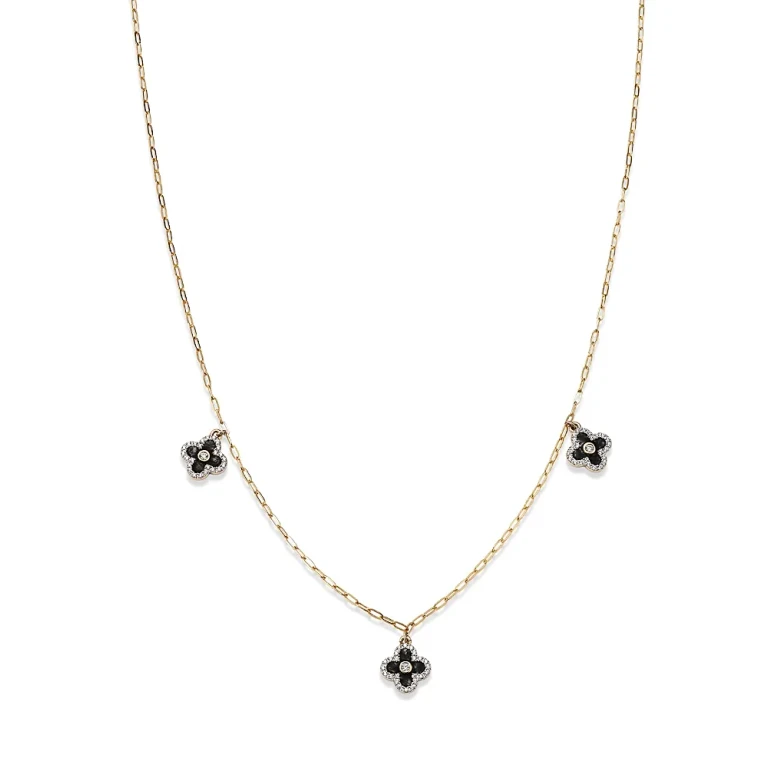 Diamond & Enamel Clover Droplet Necklace in 14K Yellow Gold, 0.25 tcw
