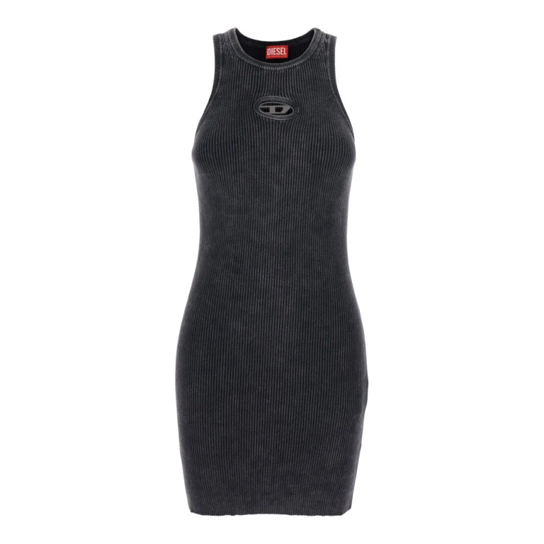 Diesel Black Sleeveless Crew Neck Dress With Cut-out And Logo On The Front In Ribbed Cotton For Women