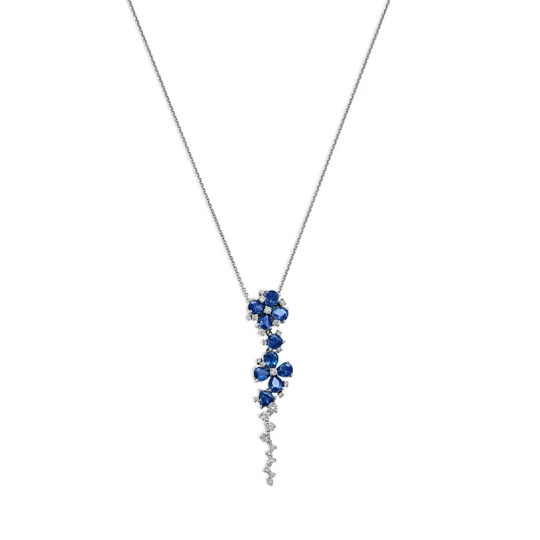 Blue Sapphire & Diamond Flower Pendant Necklace in 14K White Gold