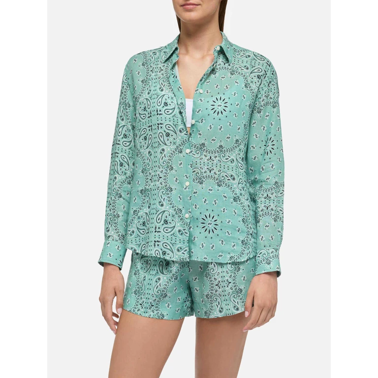Mc2 Saint Barth Meredith Linen Classic Shirt With Bandana Print Green - Women