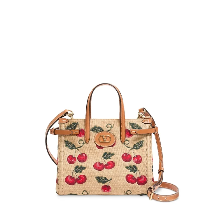 Valentino Garavani Antibes Small Cherryfic VLogo Raffia Shopping Tote Bag