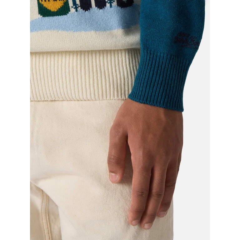 Mc2 Saint Barth Heron Crewneck Teal Green With Après Ski Postcard Jacquard Blue - Men