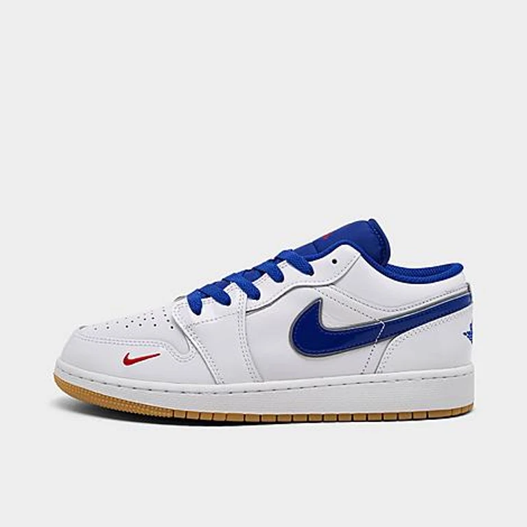 Jordan Big Kids Air Retro 1 Low SE Casual Shoes in White/Old Royal/Gum Yellow Size: 3.5