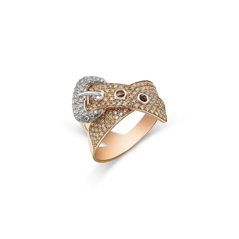 Diamond Crossover Buckle Ring in 14K Rose & White Gold, 1.23 tcw