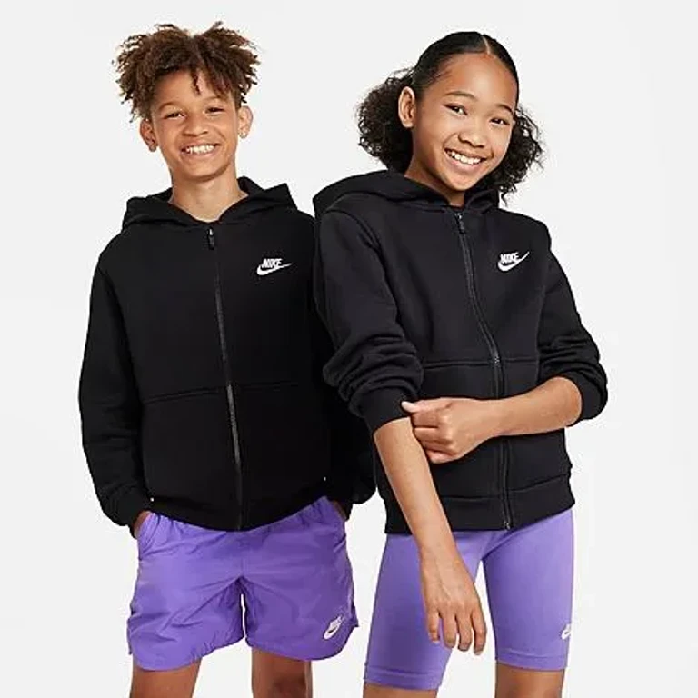 Nike Big Kids Sportswear Club Fleece Full-Zip Hoodie in Black/White Size: XS