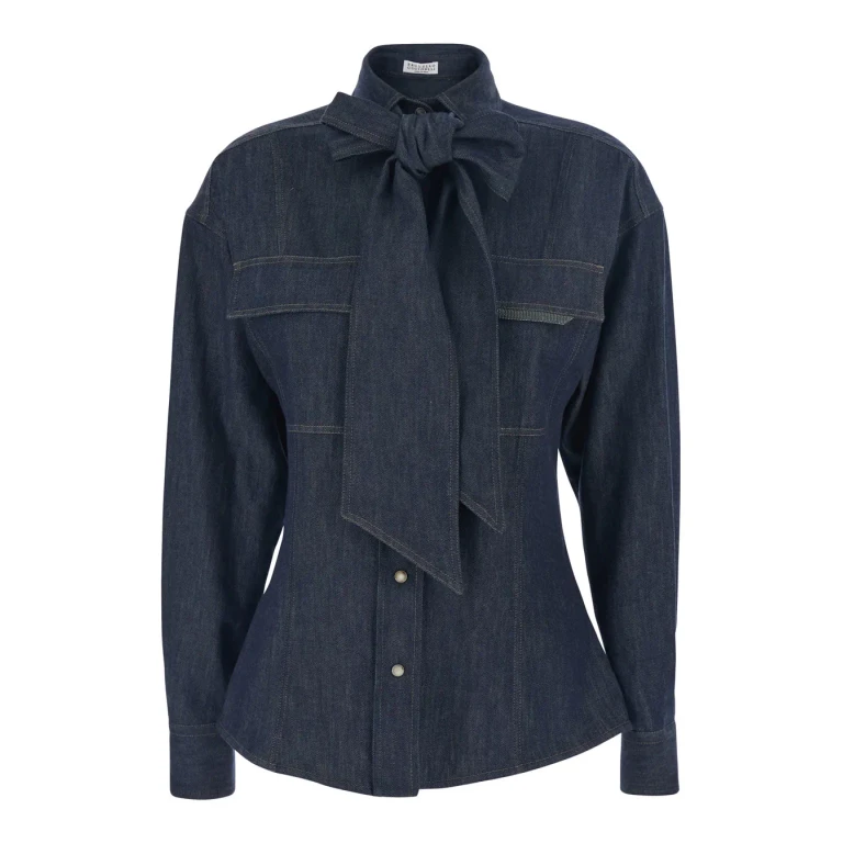 Brunello Cucinelli Blue Shirt With Bow Detail And Button Closure In Denim Woman