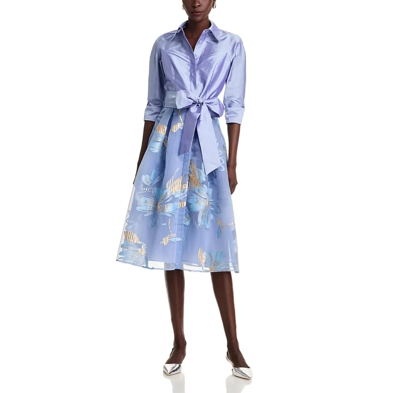 Teri Jon by Rickie Freeman Textured Taffeta Floral Jacquard Shirt Dress