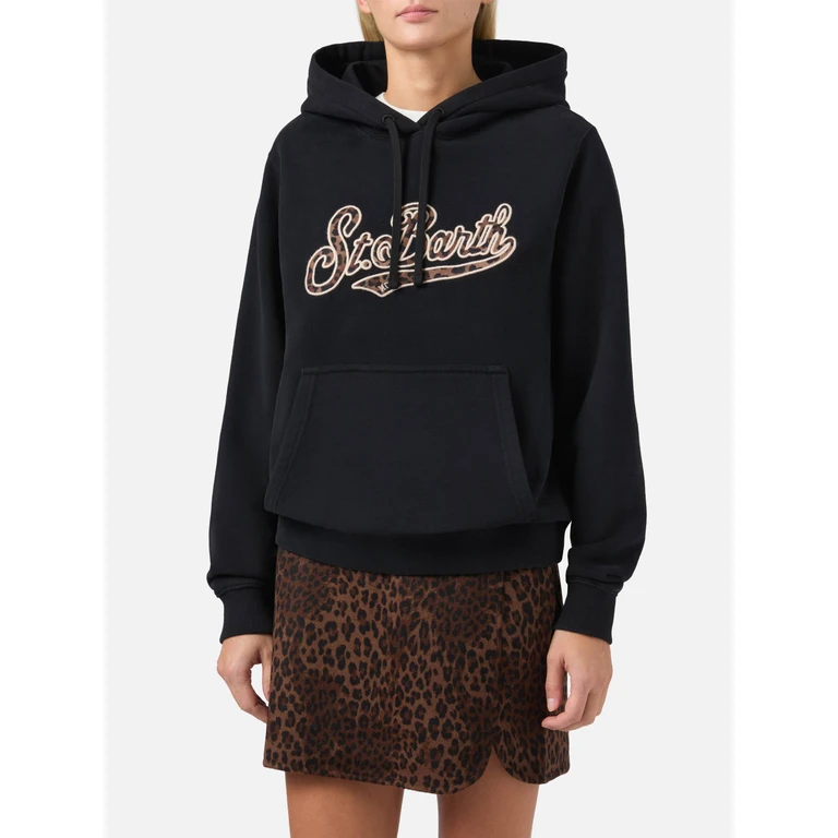 Mc2 Saint Barth Virginia Cotton Hoodie Black With Animal-Print St. Barth Embroidery Sweatshirt - Women