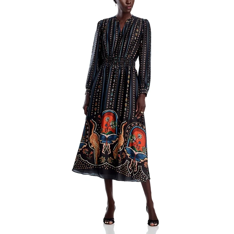 T Tahari Long Sleeve Split V Neck Midi Dress