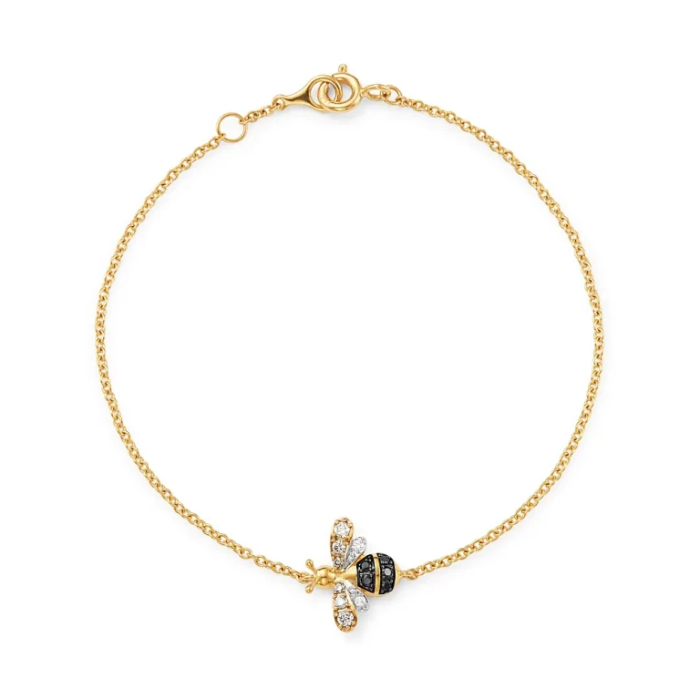 Black & White Diamond Bumble Bee Bracelet in 14K Yellow Gold