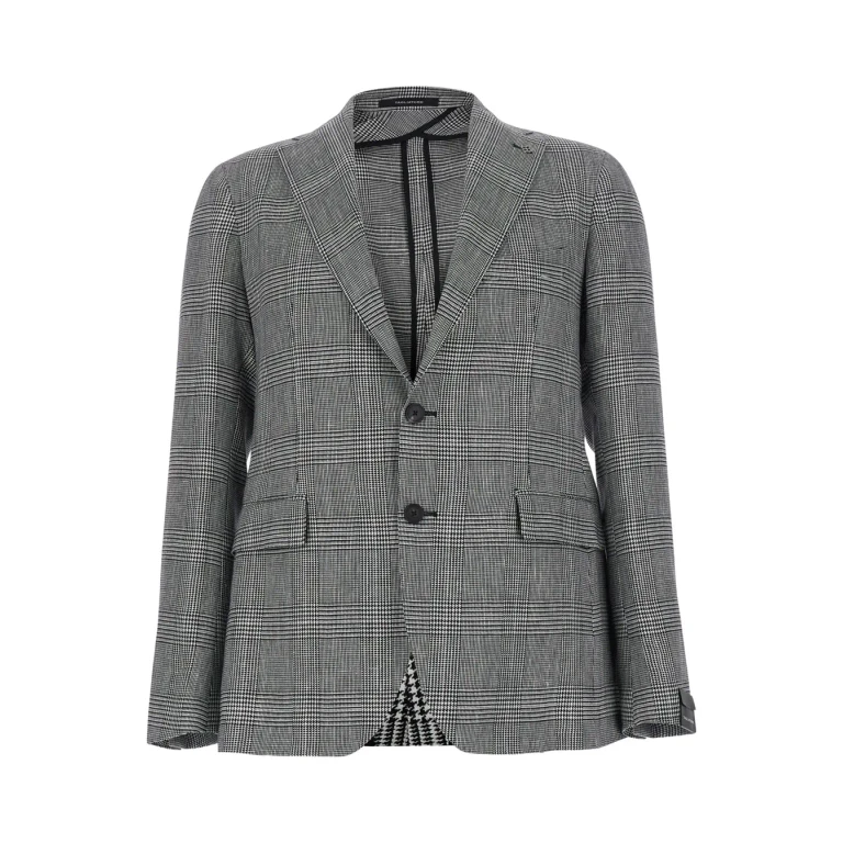 Tagliatore Grey Single-breasted Jacket With Notched Revers And All-over Houndstooth Motif In Cotton And Linen Men