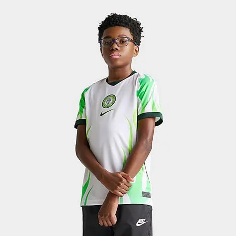 Nike Big Kids Nigeria 26 Stadium Away Dri-FIT Replica Soccer Jersey in White/Green Glow/Black Size: XS